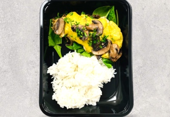 Chicken with creamy coconut mushroom spinach sauce rice