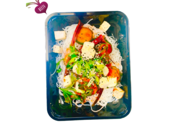 Crispy tofu and cucumber kimchi rice noodles