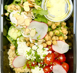 Nourishes Caesar  Bowl Tahini Dressing Chickpea Croutons Goat Cheese