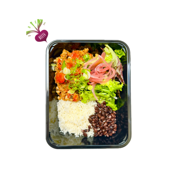 Minced beef taco bowl with steamed vegetables and rice